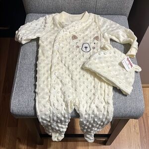 Cream Textured Kids One Piece with matching hat
